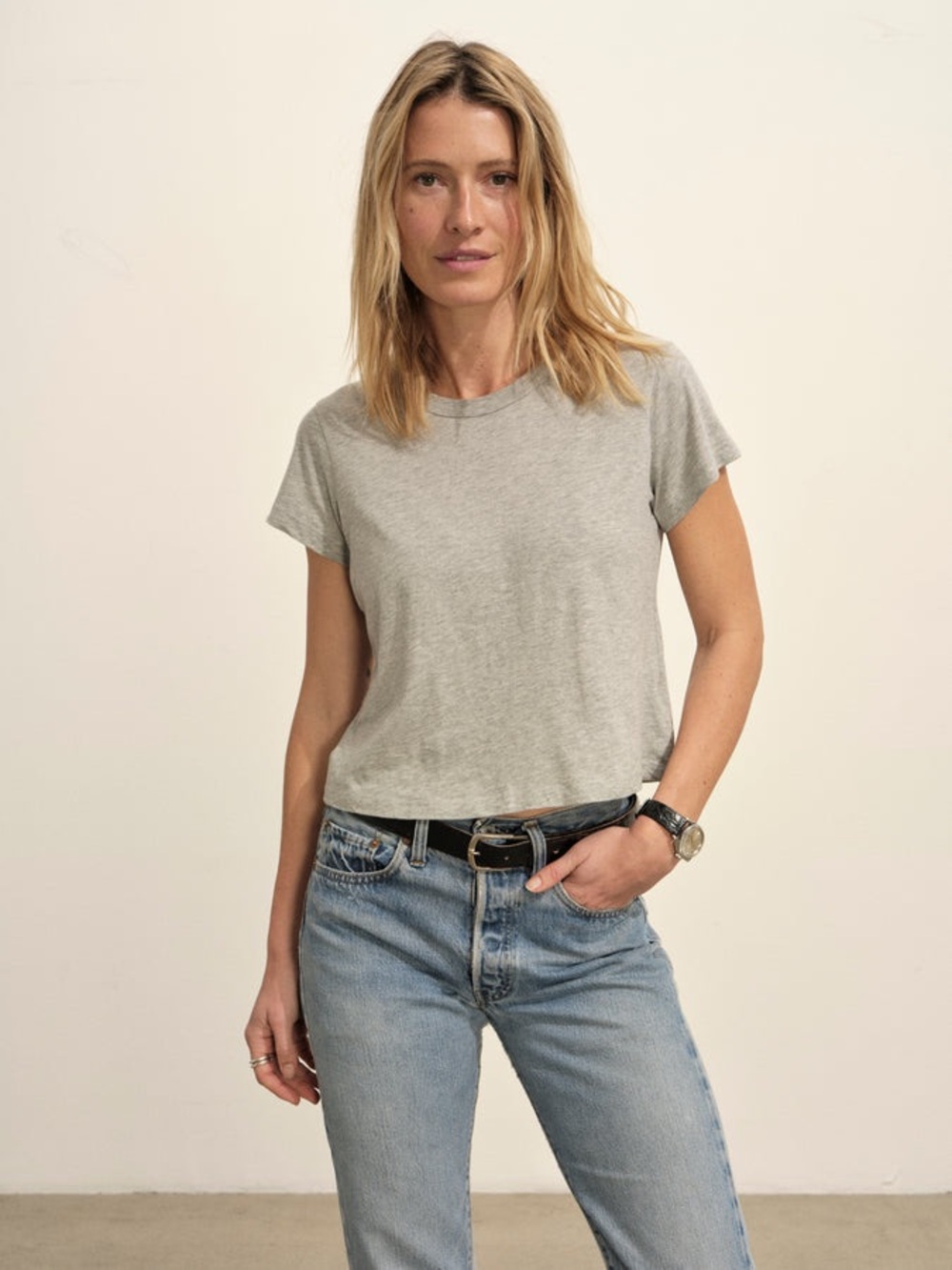 Buck Mason Pima Cotton boxy Tee Women's Short Sleeve Crew Tee in Light Gray